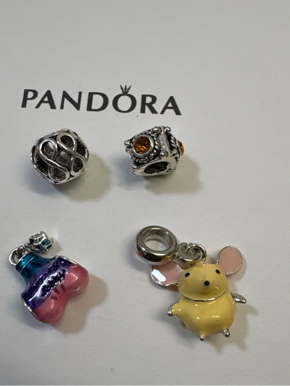 Pandora White Braided Bracelet with Yellow Mouse and Pink Shoe Charms - Picture 3 of 7